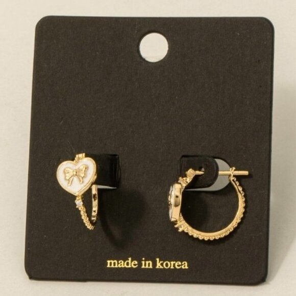 AMINI WHITE HEART BOW HOOP EARRINGS - Picture 1 of 1